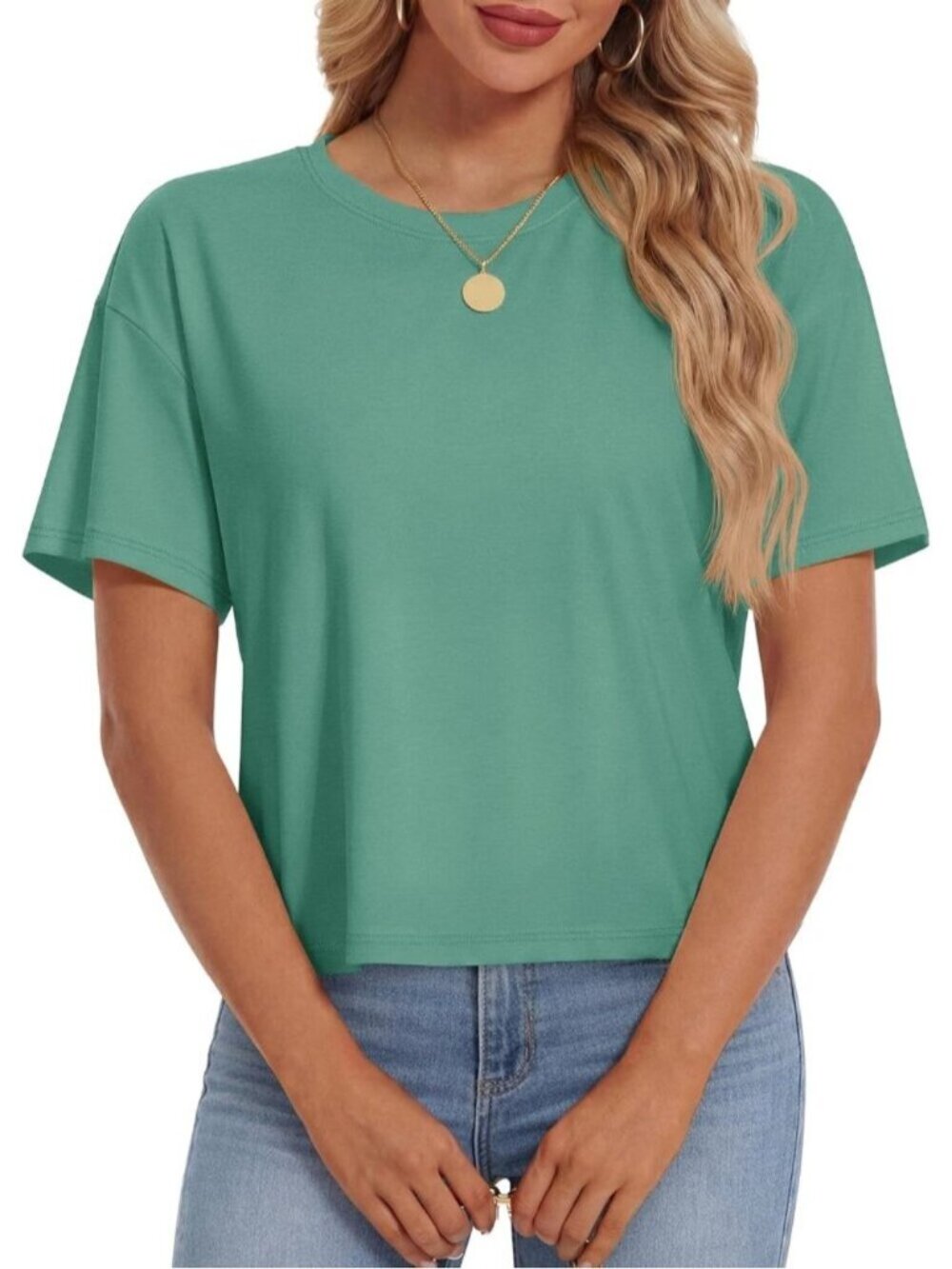 Women's Gray Green Short Sleeve Round Neck Summer Casual Loose Cotton Crop Tops